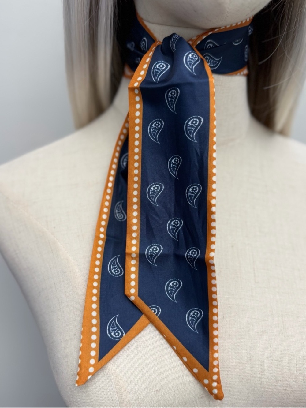 Navy Blue Paisley Skinny Scarf Orange Trim Hair Tie Twilly Neck Scarf - Picture 2 of 6